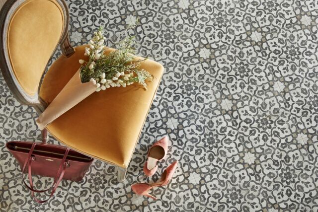 @manningtonfloors Luxury Vinyl Sheet, shown here in the pattern Filigree, adds the perfect mix of welcoming vintage and classy pastoral to your space to give it a warm yet sophisticated feel. Flooring shown in the color Iron.